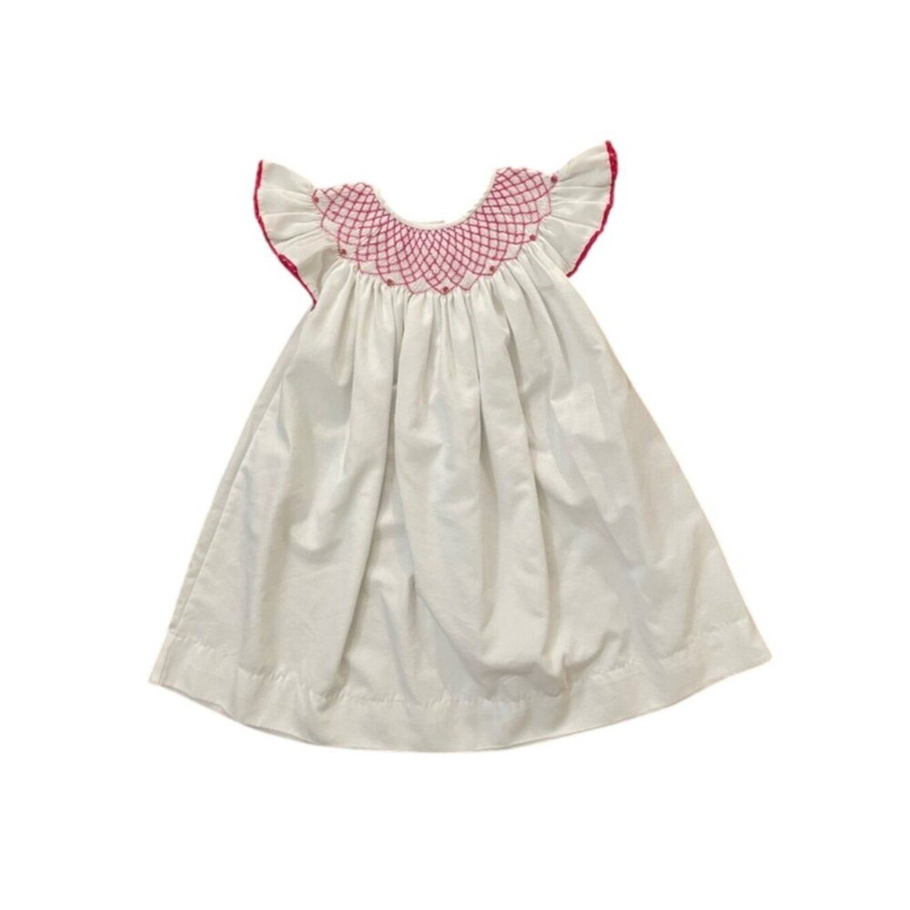 Grace Haven Girls Size 7 Handmade Smocked Dress White Pink Flutter Sleeve